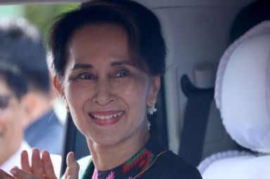 FILE PHOTO: Myanmar’s State Counsellor Aung San Suu Kyi arrives