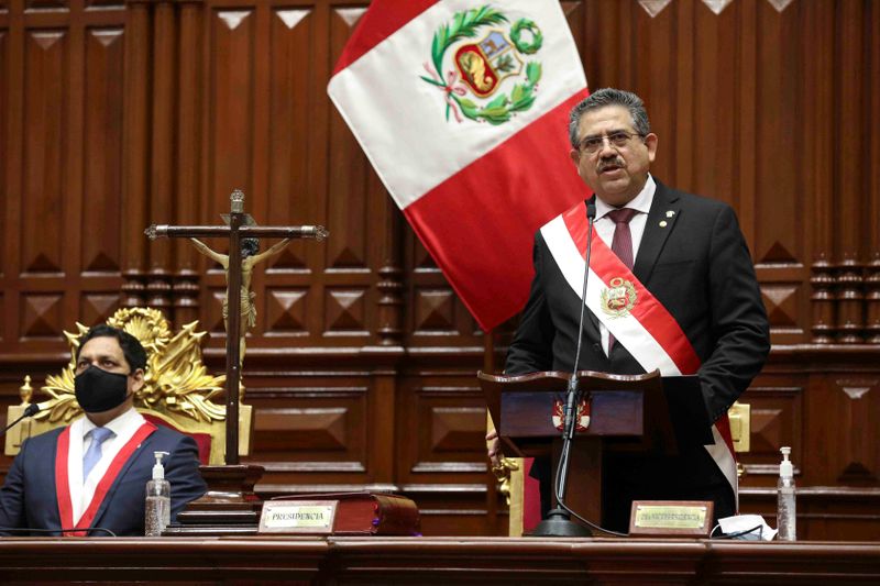 FILE PHOTO: Peru’s interim President Manuel Merino addresses lawmakers at