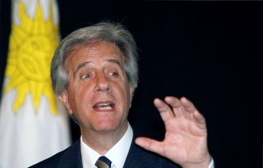 FILE PHOTO: Uruguay’s President Vasquez talks to the journalists during