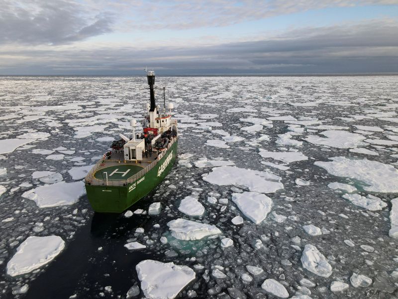 FILE PHOTO: Greenpeace’s Arctic Sunrise ship navigates through floating ice