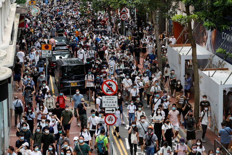 FILE PHOTO: Anti-national security law protesters march at the anniversary