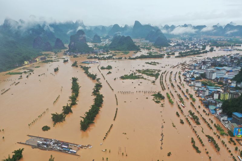 Aerial view shows the flooded Yangshuo town by the overflowing