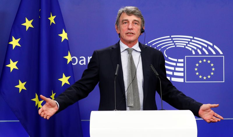 European Parliament President David Sassoli holds a news conference after