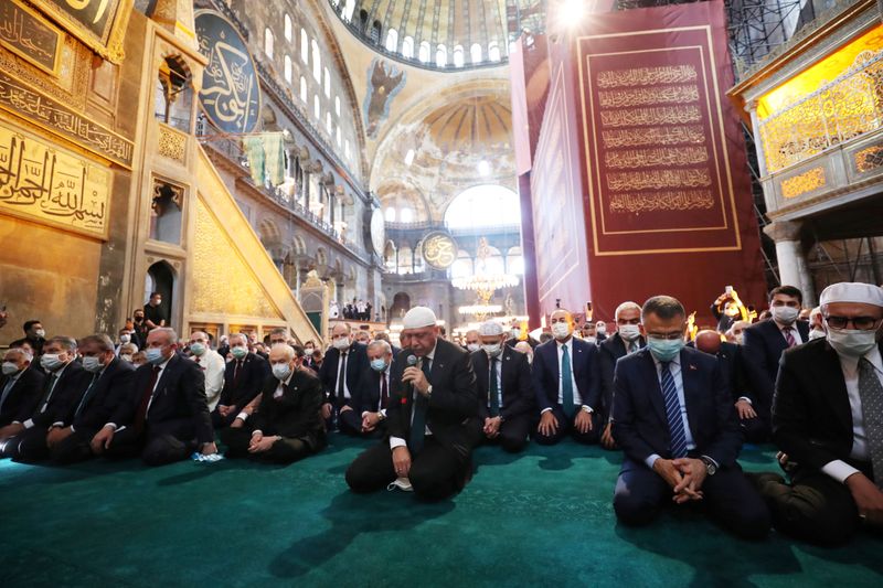 Turkey’s President Tayyip Erdogan attends Friday prayers at Hagia Sophia