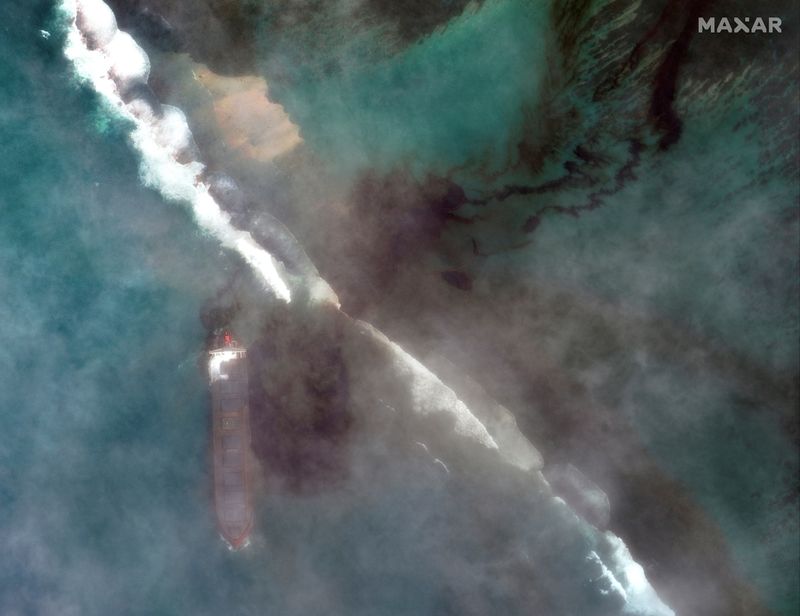A satellite image shows MV Wakashio