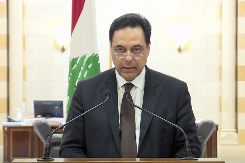 Lebanon’s Prime Minister Hassan Diab speaks at the government palace