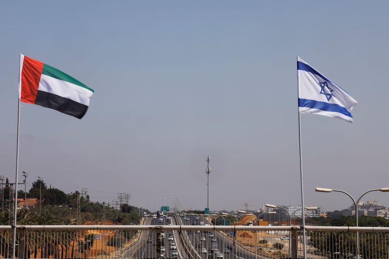 The national flags of Israel and the United Arab Emirates