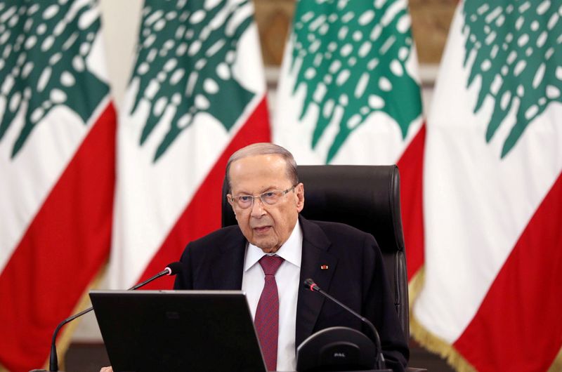FILE PHOTO: Lebanon’s President Michel Aoun delivers a speech at