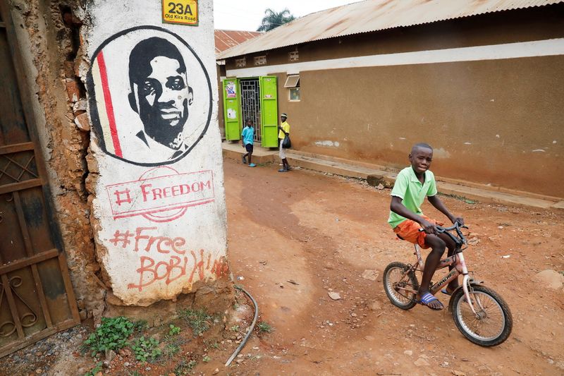A graffiti calling to free Ugandan opposition presidential candidate Robert