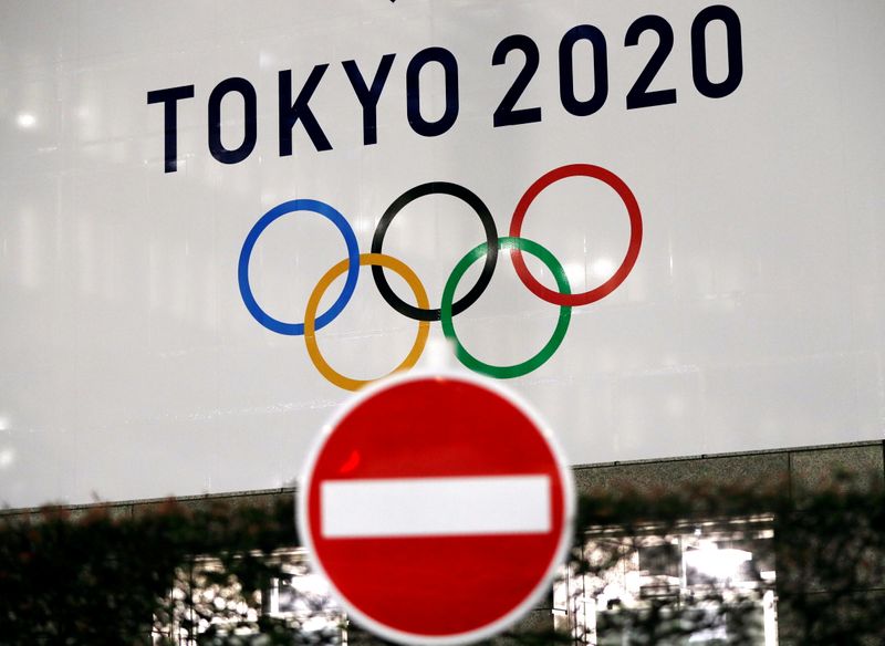 FILE PHOTO – A banner for the upcoming Tokyo 2020