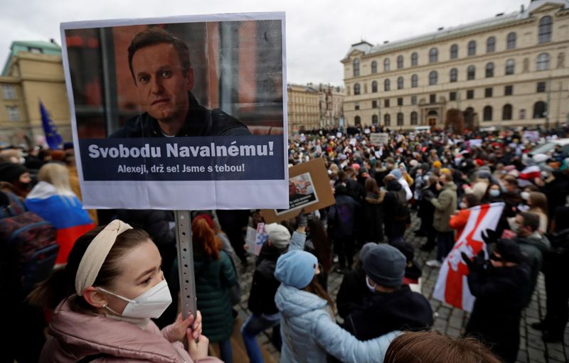 Navalny supporters protest his arrest in Prague