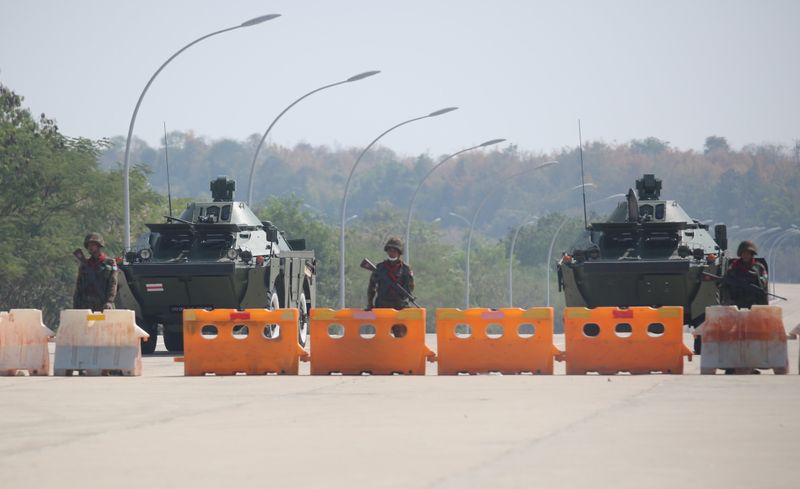 Myanmar’s military checkpoint is seen on the way to the