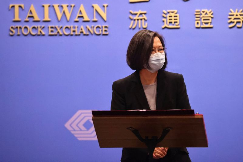 Taiwan’s President Tsai Ing-wen speaks at Taiwan Stock Exchange in