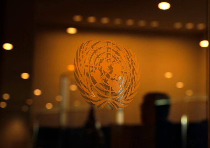 The United Nations logo is seen during the 2019 United