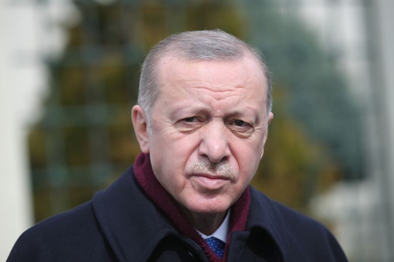 Turkish President Erdogan talks to media after the Friday prayers