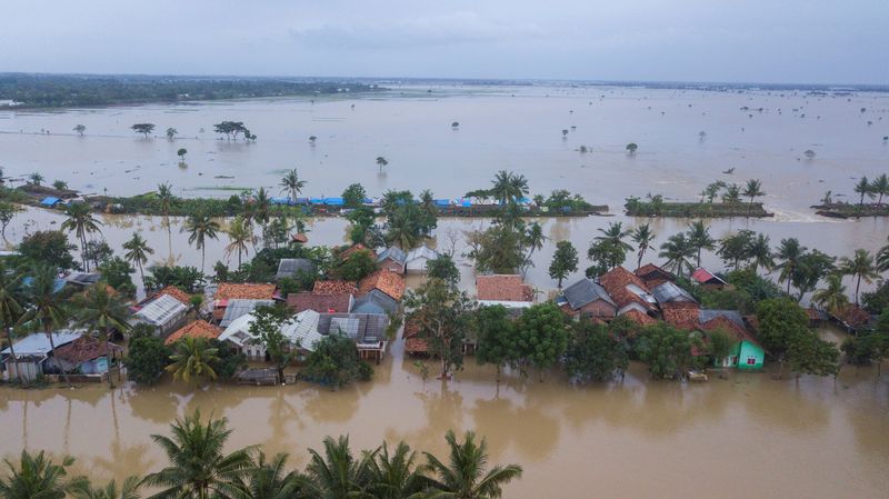 An aerial view shows a residential area affected by floods,