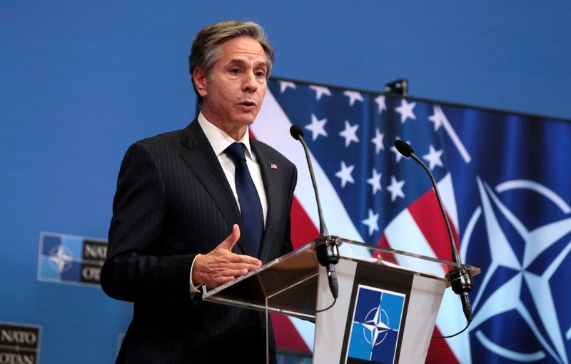 Blinken gives a news conference at NATO headquarters in Brussels