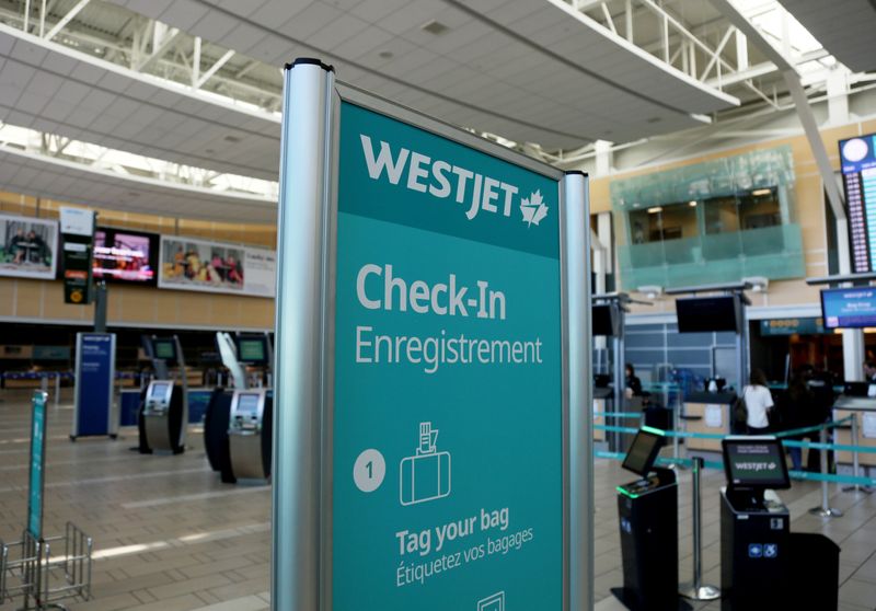 FILE PHOTO: WestJet airline signage is pictured at Vancouver’s international