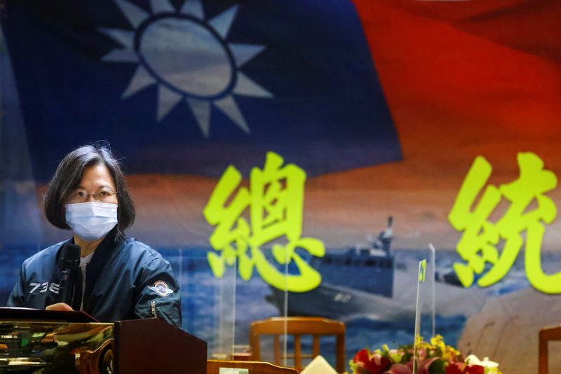 Taiwan’s President Tsai Ing-wen gives a speech after visiting the