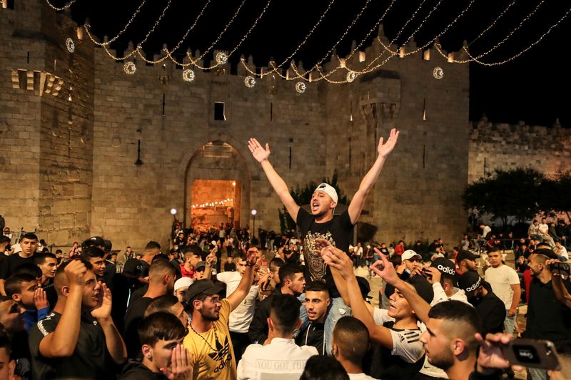 Palestinians celebrate outside Damascus Gate after barriers that were put