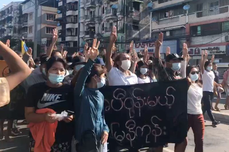 People protest in Hlaing Township, Yangon