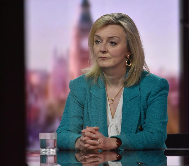 Britain’s International Trade Secretary Liz Truss attends BBC TV’s The