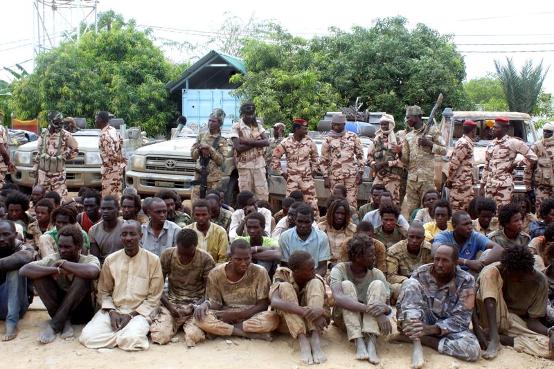 Captured FACT rebels are pictured at army headquarters in N’Djamena