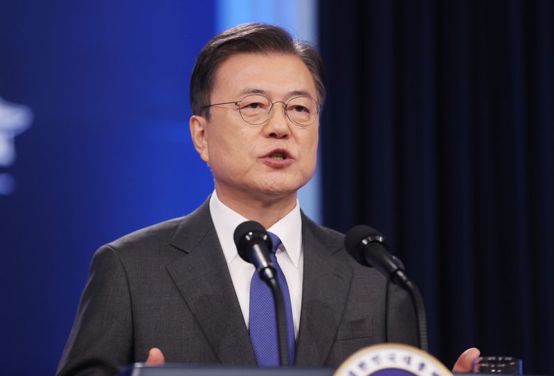 South Korean President Moon Jae-in delivers his speech during a