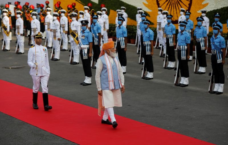 Indian Prime Minister Narendra Modi inspects the honour guard during
