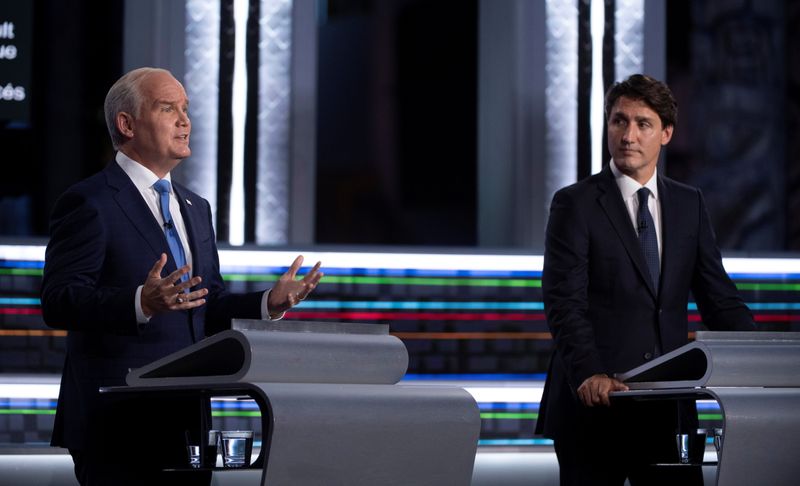 Canadian political party leaders hold an election campaign debate, in