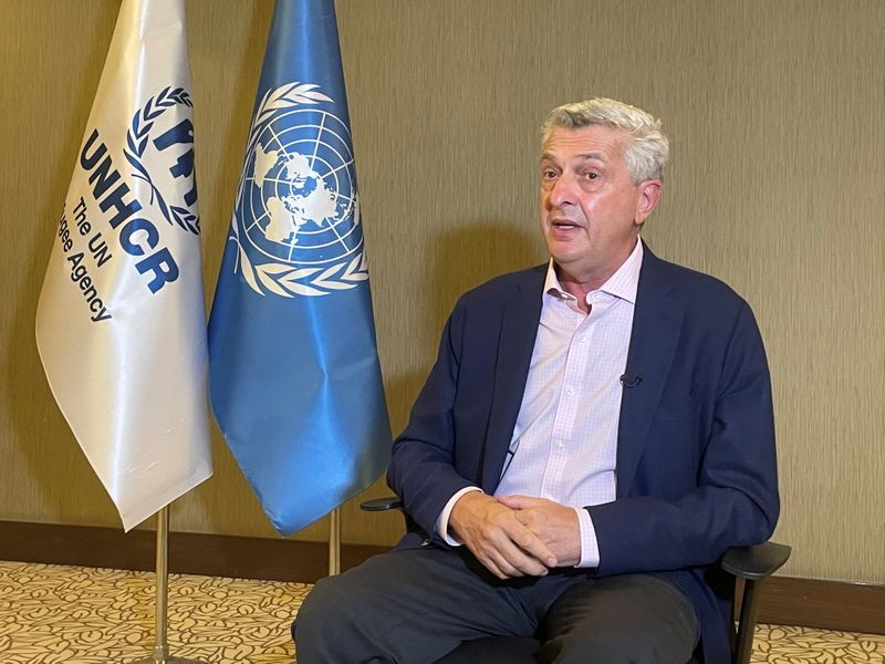 UNHCR chief Grandi talks during an interview with Reuters in