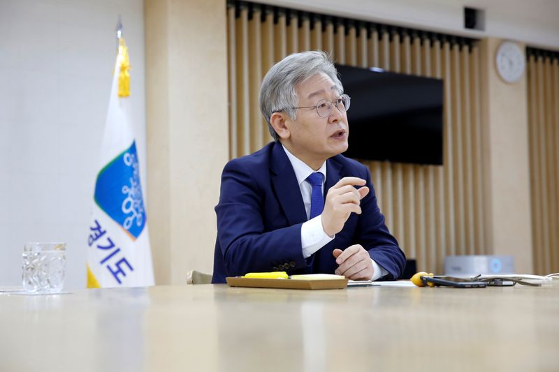 Gyeonggi Province Governor Lee Jae-myung speaks during an interview with