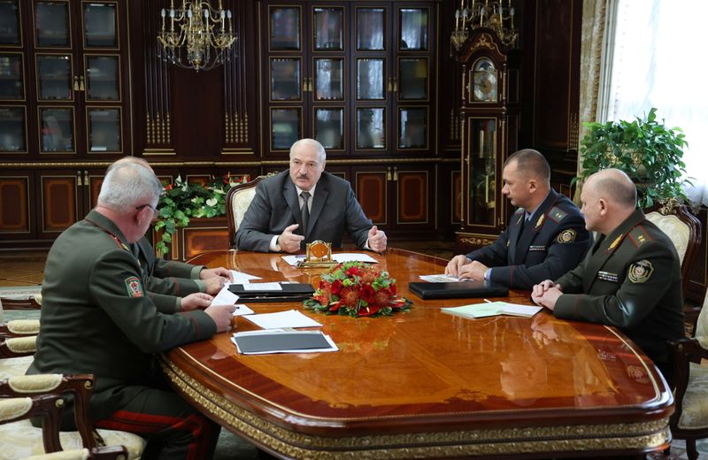 Belarusian President Alexander Lukashenko meets state security officials in Minsk