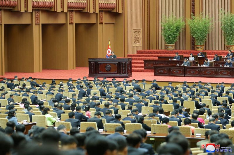 North Korean leader Kim Jong Un delivers a policy speech