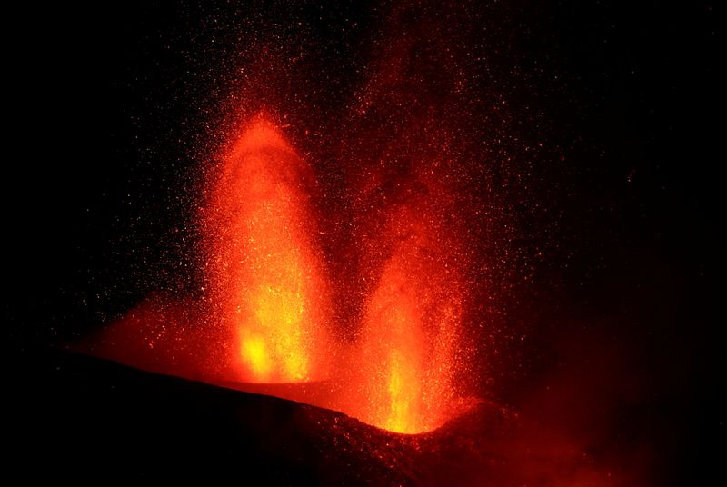 Lava flows following the eruption of a volcano, in Tacande