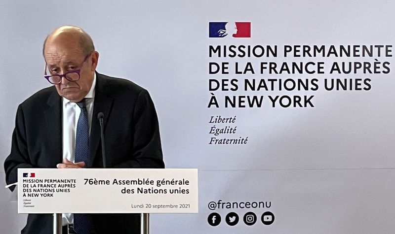 French Foreign Minister Jean-Yves Le Drian speaks during a news