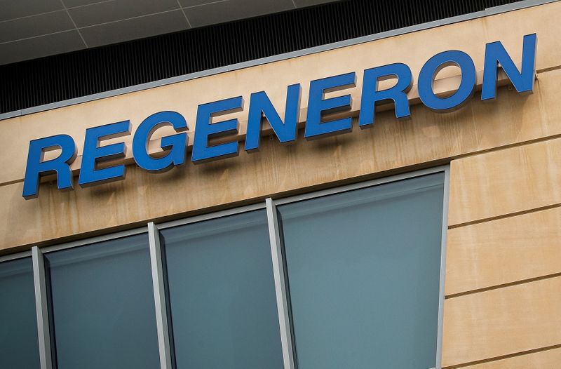 FILE PHOTO: The Regeneron Pharmaceuticals company logo is seen on