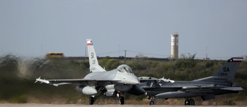 A U.S. Air Force F-16 jet fighter takes off from