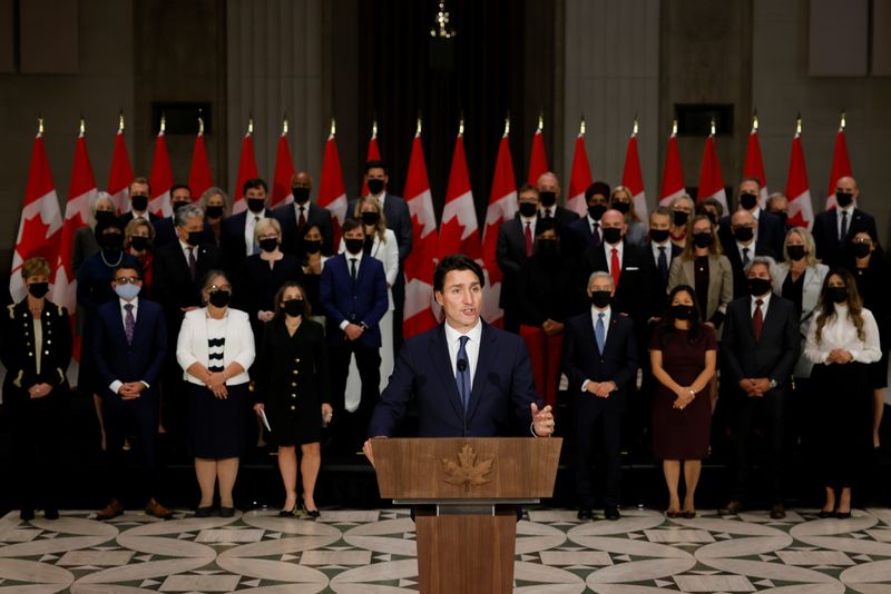 Canada’s PM Trudeau attends a news conference after the swearing-in