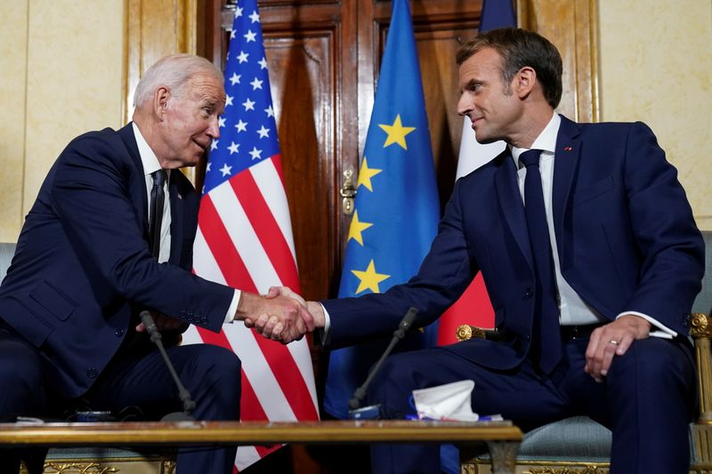 U.S. President Joe Biden meets with French President Emmanuel Macron