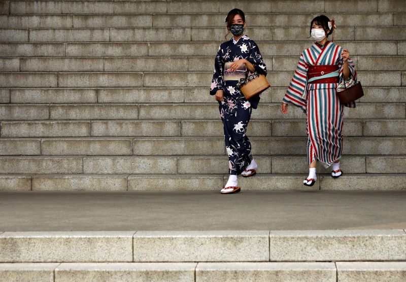 Kimono-clad tourists wearing protective face masks are seen at a