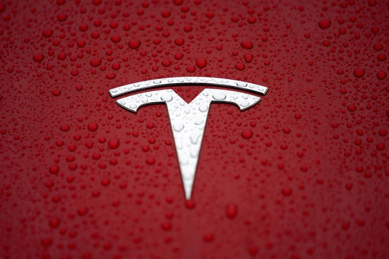 FILE PHOTO: A Tesla logo is seen at the Tesla
