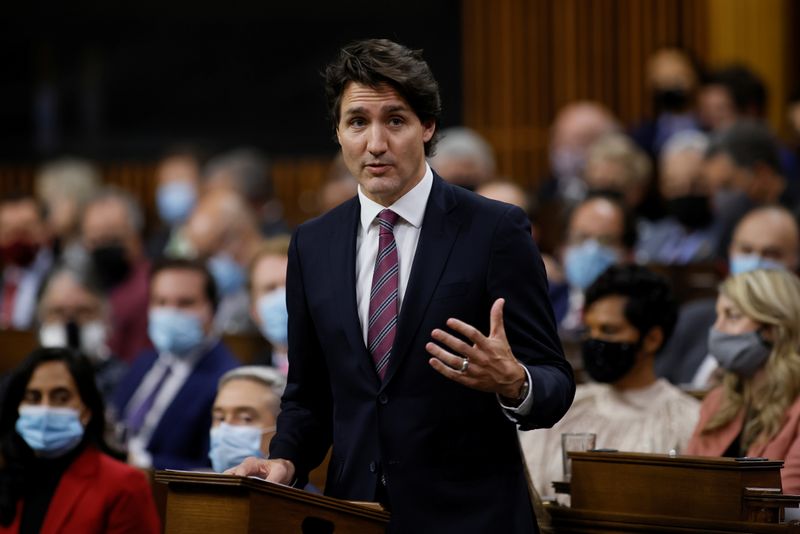 Canada’s Prime Minister Justin Trudeau speaks after Liberal Member of