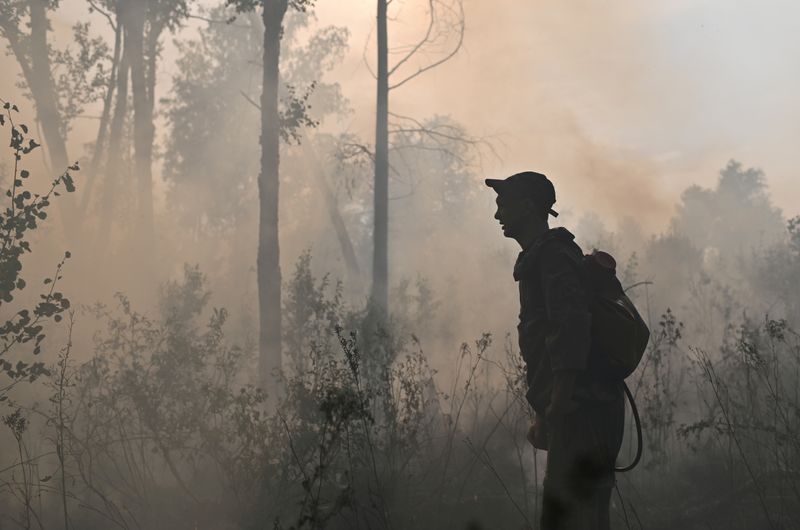 FILE PHOTO: Specialists put out a forest fire in Omsk