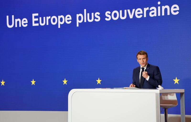 French President Emmanuel Macron delivers a speech during a news