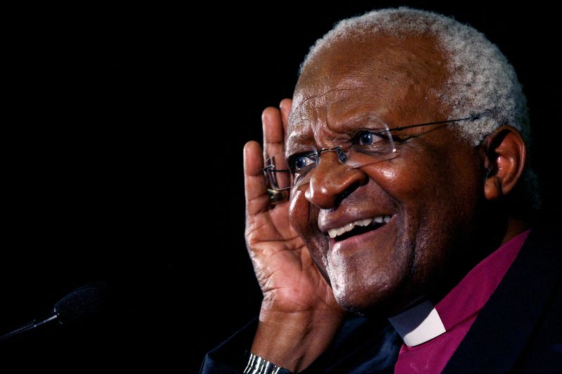 FILE PHOTO: Archbishop Desmond Tutu gestures at the launch of