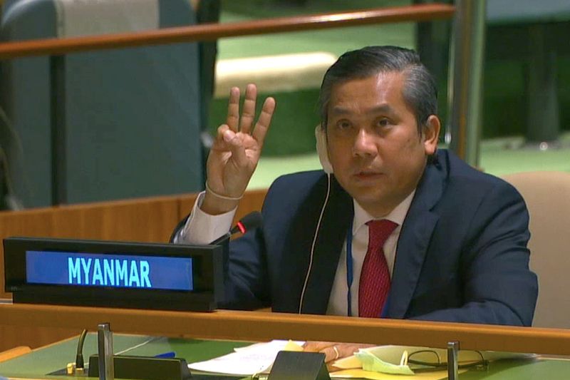 Myanmar’s ambassador to the United Nations Kyaw Moe Tun holds