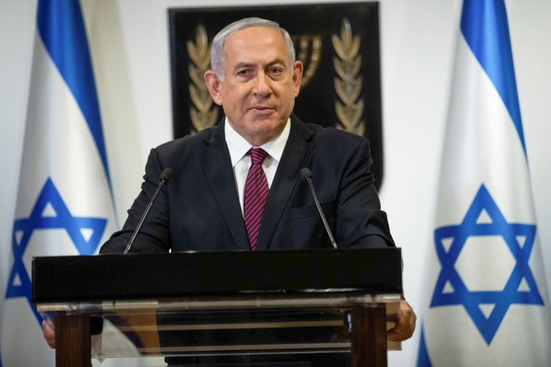 Israeli Prime Minister Benjamin Netanyahu delivers a statement at the