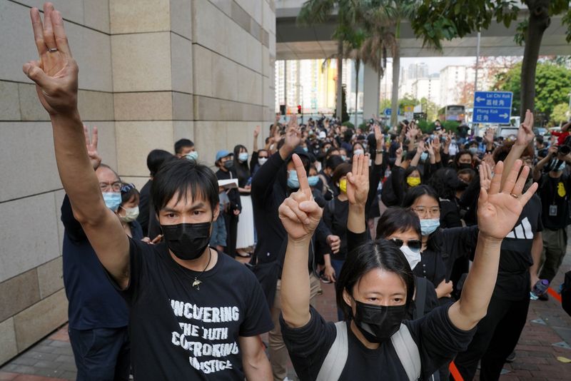 Protesters outside West Kowloon Magistrates’ Courts in Hong Kong