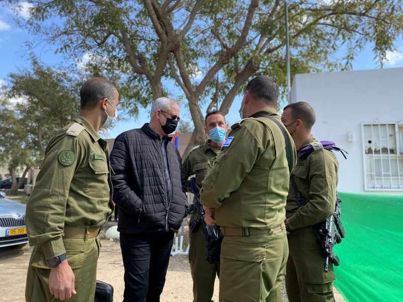 Israeli Defence Minister Benny Gantz speaks to military personnel during